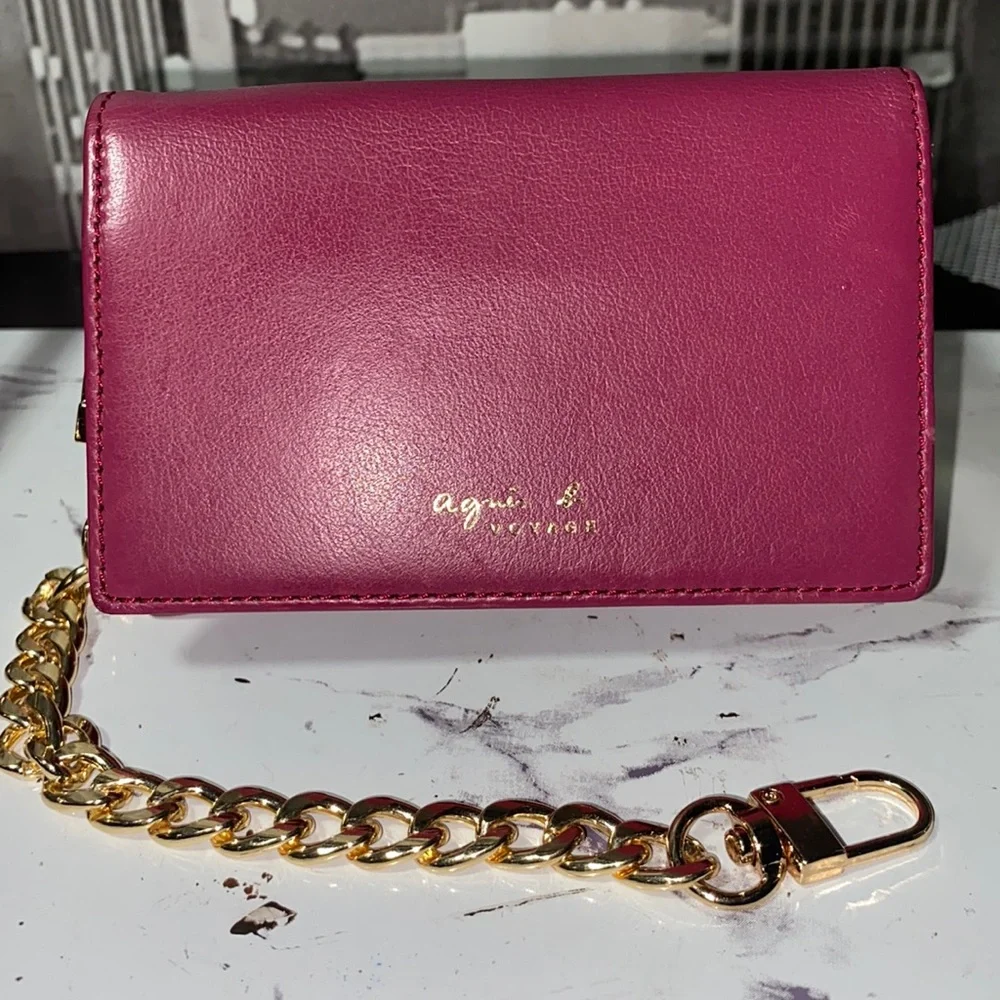 Agnes B. Pink Leather Card Holder with Gold Chain
